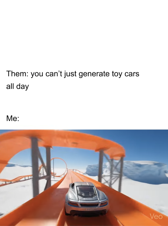 Gemini social post: Them: you can’t just generate toy cars all day. Me: a toy car speeds along an orange track.